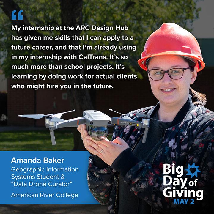 Student Amanda Baker holding a drone